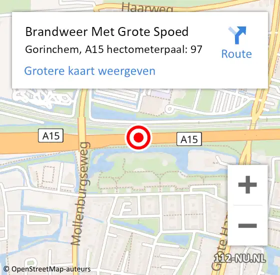 Locatie op kaart van de 112 melding: Brandweer Met Grote Spoed Naar Gorinchem, A15 hectometerpaal: 97 op 15 april 2024 13:46