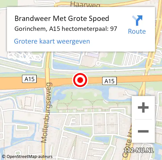Locatie op kaart van de 112 melding: Brandweer Met Grote Spoed Naar Gorinchem, A15 hectometerpaal: 97 op 15 april 2024 13:47