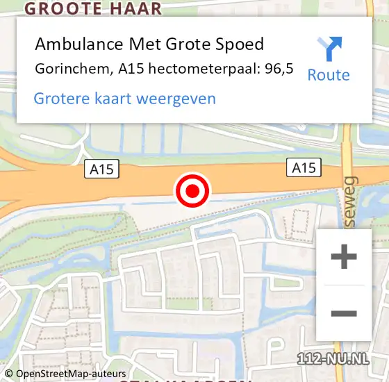 Locatie op kaart van de 112 melding: Ambulance Met Grote Spoed Naar Gorinchem, A15 hectometerpaal: 96,5 op 15 april 2024 13:48