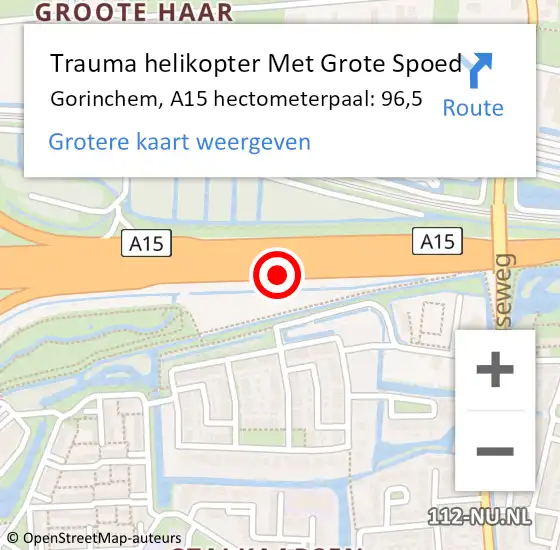 Locatie op kaart van de 112 melding: Trauma helikopter Met Grote Spoed Naar Gorinchem, A15 hectometerpaal: 96,5 op 15 april 2024 13:49