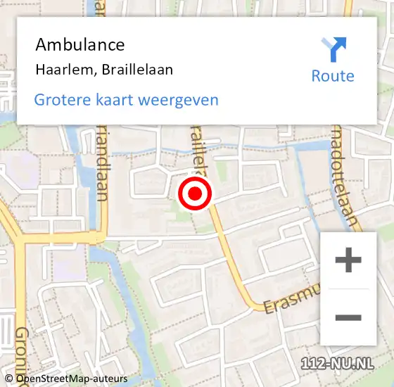 Locatie op kaart van de 112 melding: Ambulance Haarlem, Braillelaan op 15 april 2024 14:24