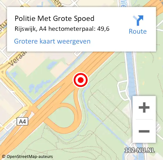 Locatie op kaart van de 112 melding: Politie Met Grote Spoed Naar Rijswijk, A4 hectometerpaal: 49,6 op 15 april 2024 15:13