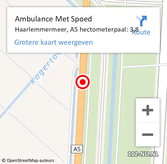 Locatie op kaart van de 112 melding: Ambulance Met Spoed Naar Haarlemmermeer, A5 hectometerpaal: 3,8 op 15 april 2024 15:44