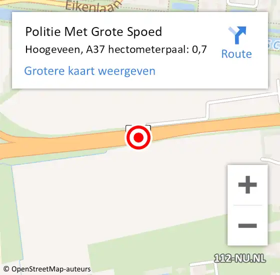 Locatie op kaart van de 112 melding: Politie Met Grote Spoed Naar Hoogeveen, A37 hectometerpaal: 0,7 op 15 april 2024 16:20