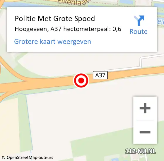 Locatie op kaart van de 112 melding: Politie Met Grote Spoed Naar Hoogeveen, A37 hectometerpaal: 0,6 op 15 april 2024 16:22