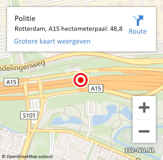 Locatie op kaart van de 112 melding: Politie Rotterdam, A15 hectometerpaal: 48,8 op 15 april 2024 17:16