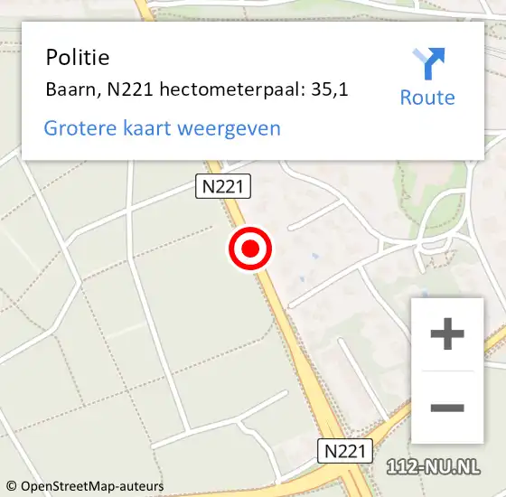 Locatie op kaart van de 112 melding: Politie Baarn, N221 hectometerpaal: 35,1 op 15 april 2024 17:33