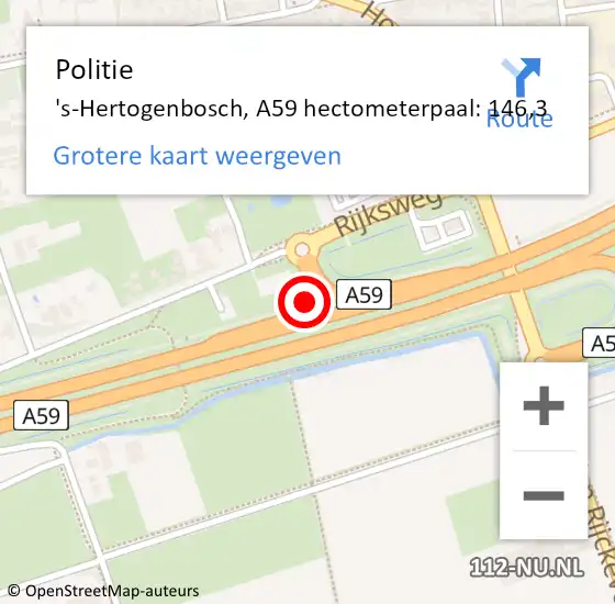 Locatie op kaart van de 112 melding: Politie 's-Hertogenbosch, A59 hectometerpaal: 146,3 op 15 april 2024 17:54