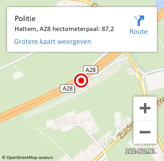 Locatie op kaart van de 112 melding: Politie Hattem, A28 hectometerpaal: 87,2 op 15 april 2024 19:03