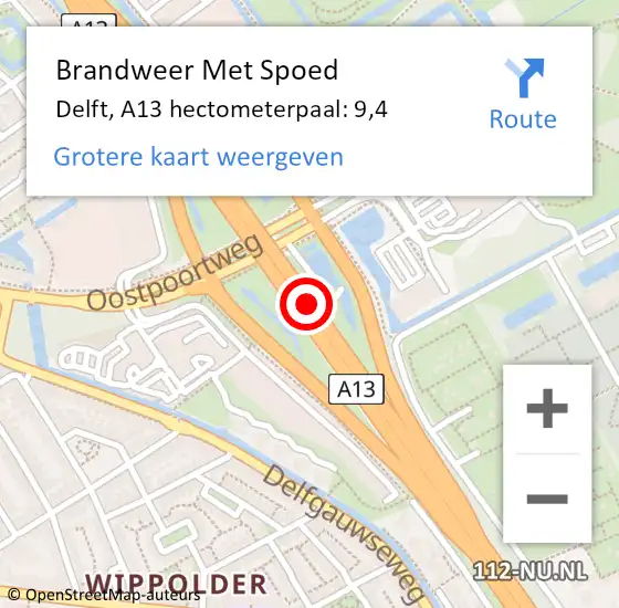 Locatie op kaart van de 112 melding: Brandweer Met Spoed Naar Delft, A13 hectometerpaal: 9,4 op 16 april 2024 04:04