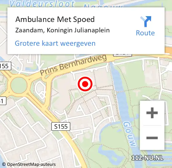 Locatie op kaart van de 112 melding: Ambulance Met Spoed Naar Zaandam, Koningin Julianaplein op 16 april 2024 04:30