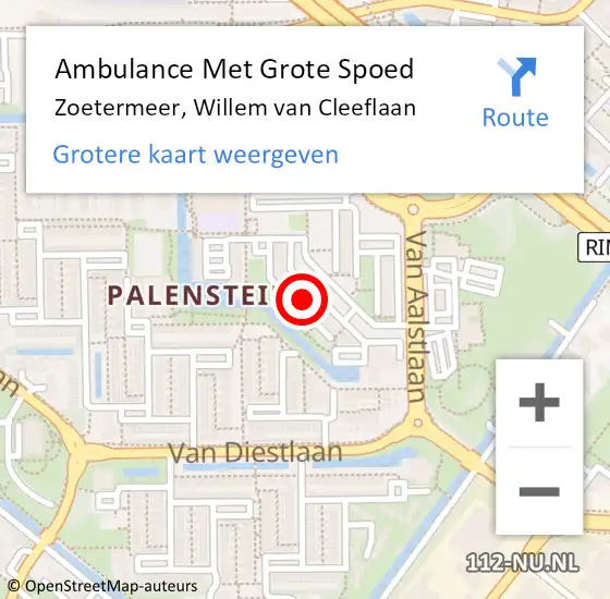 Locatie op kaart van de 112 melding: Ambulance Met Grote Spoed Naar Zoetermeer, Willem van Cleeflaan op 16 april 2024 05:27