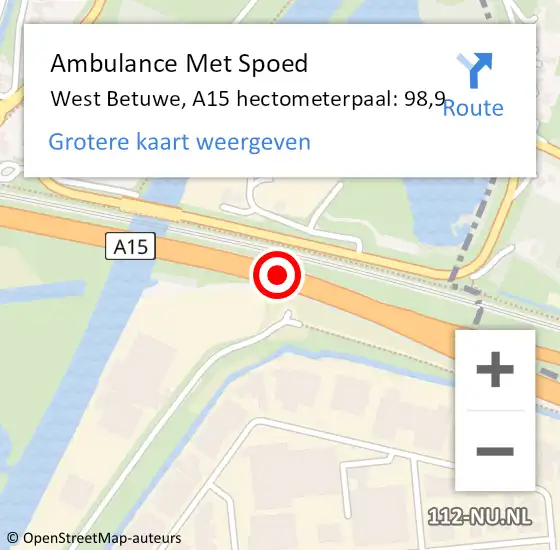Locatie op kaart van de 112 melding: Ambulance Met Spoed Naar West Betuwe, A15 hectometerpaal: 98,9 op 16 april 2024 06:05