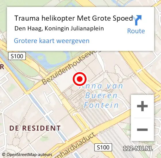 Locatie op kaart van de 112 melding: Trauma helikopter Met Grote Spoed Naar Den Haag, Koningin Julianaplein op 16 april 2024 06:27