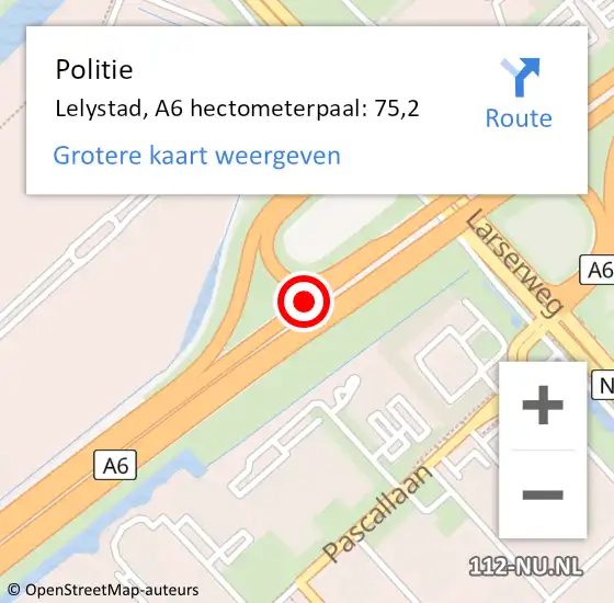 Locatie op kaart van de 112 melding: Politie Lelystad, A6 hectometerpaal: 75,2 op 16 april 2024 07:14