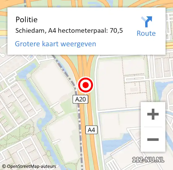 Locatie op kaart van de 112 melding: Politie Schiedam, A4 hectometerpaal: 70,5 op 16 april 2024 08:40