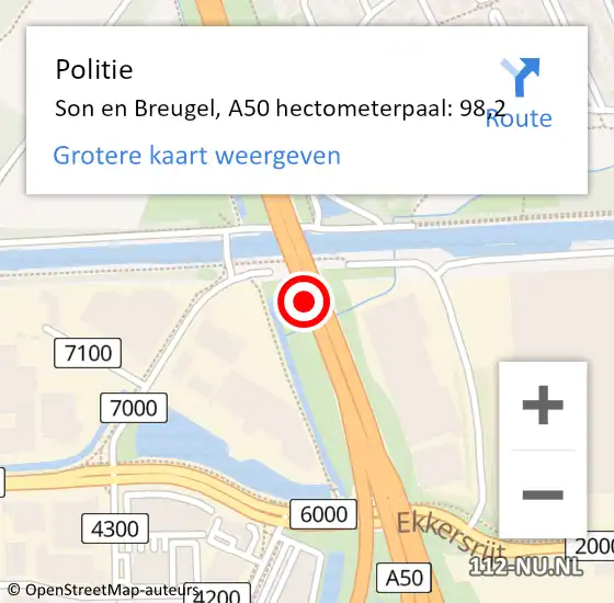 Locatie op kaart van de 112 melding: Politie Son en Breugel, A50 hectometerpaal: 98,2 op 16 april 2024 08:43