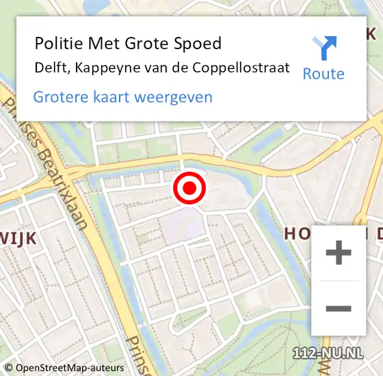 Locatie op kaart van de 112 melding: Politie Met Grote Spoed Naar Delft, Kappeyne van de Coppellostraat op 16 april 2024 11:28