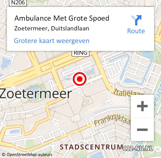Locatie op kaart van de 112 melding: Ambulance Met Grote Spoed Naar Zoetermeer, Duitslandlaan op 16 april 2024 15:45