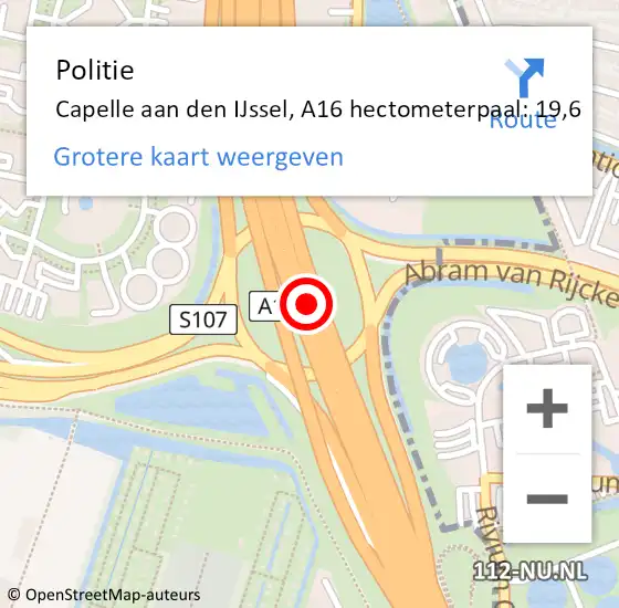 Locatie op kaart van de 112 melding: Politie Capelle aan den IJssel, A16 hectometerpaal: 19,6 op 16 april 2024 15:51