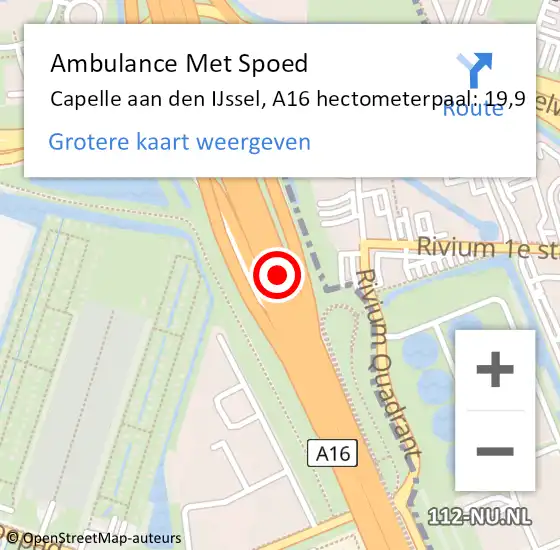 Locatie op kaart van de 112 melding: Ambulance Met Spoed Naar Capelle aan den IJssel, A16 hectometerpaal: 19,9 op 16 april 2024 16:31