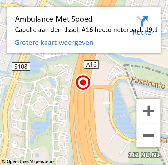 Locatie op kaart van de 112 melding: Ambulance Met Spoed Naar Capelle aan den IJssel, A16 hectometerpaal: 19,1 op 16 april 2024 16:37