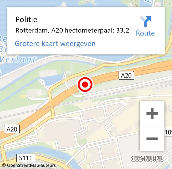 Locatie op kaart van de 112 melding: Politie Rotterdam, A20 hectometerpaal: 33,2 op 16 april 2024 16:48