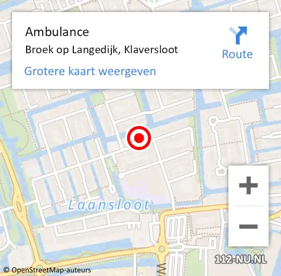 Locatie op kaart van de 112 melding: Ambulance Broek op Langedijk, Klaversloot op 16 april 2024 17:53
