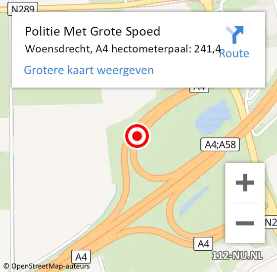 Locatie op kaart van de 112 melding: Politie Met Grote Spoed Naar Woensdrecht, A4 hectometerpaal: 241,4 op 16 april 2024 18:41
