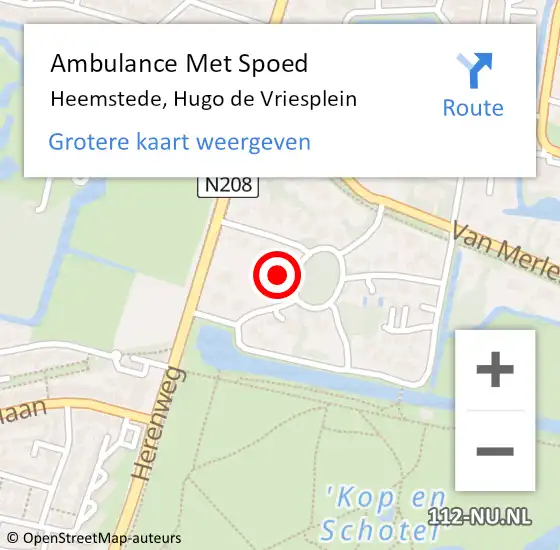 Locatie op kaart van de 112 melding: Ambulance Met Spoed Naar Heemstede, Hugo de Vriesplein op 16 april 2024 19:06