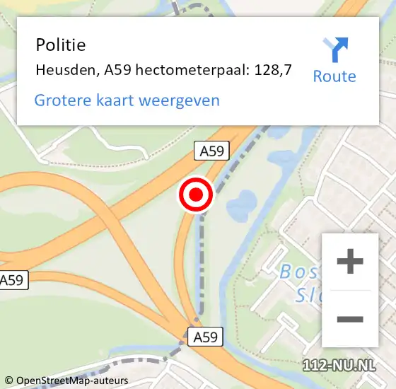 Locatie op kaart van de 112 melding: Politie Heusden, A59 hectometerpaal: 128,7 op 16 april 2024 19:36