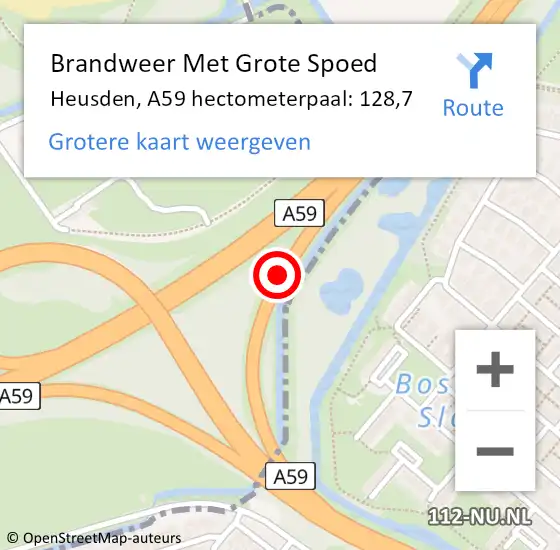 Locatie op kaart van de 112 melding: Brandweer Met Grote Spoed Naar Heusden, A59 hectometerpaal: 128,7 op 16 april 2024 19:37