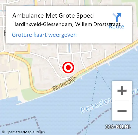 Locatie op kaart van de 112 melding: Ambulance Met Grote Spoed Naar Hardinxveld-Giessendam, Willem Droststraat op 16 april 2024 21:04