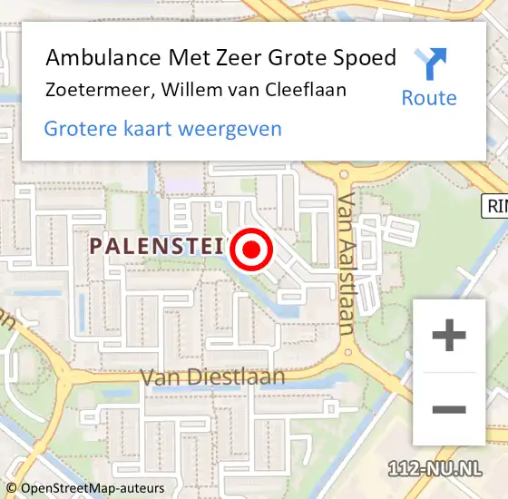 Locatie op kaart van de 112 melding: Ambulance Met Zeer Grote Spoed Naar Zoetermeer, Willem van Cleeflaan op 16 april 2024 22:06