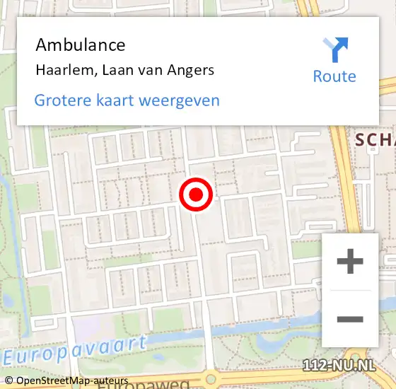 Locatie op kaart van de 112 melding: Ambulance Haarlem, Laan van Angers op 17 april 2024 08:15