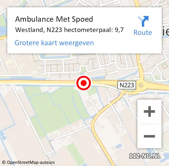 Locatie op kaart van de 112 melding: Ambulance Met Spoed Naar Westland, N223 hectometerpaal: 9,7 op 17 april 2024 11:47