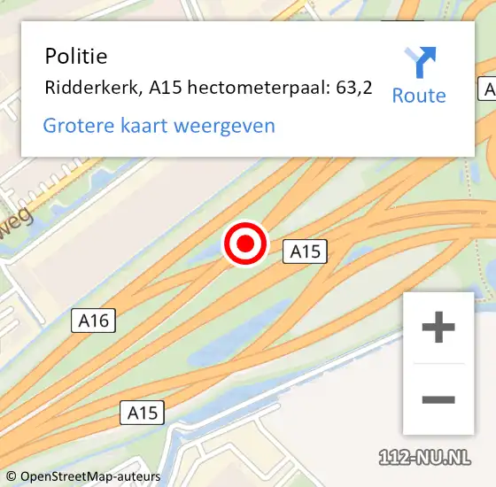 Locatie op kaart van de 112 melding: Politie Ridderkerk, A15 hectometerpaal: 63,2 op 17 april 2024 12:19