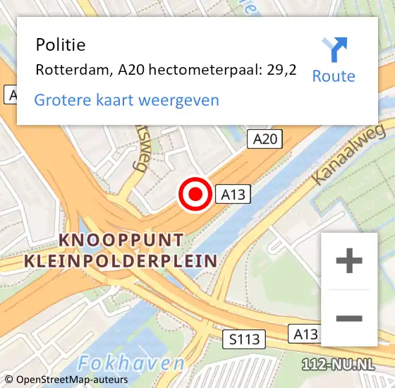 Locatie op kaart van de 112 melding: Politie Rotterdam, A20 hectometerpaal: 29,2 op 17 april 2024 14:09
