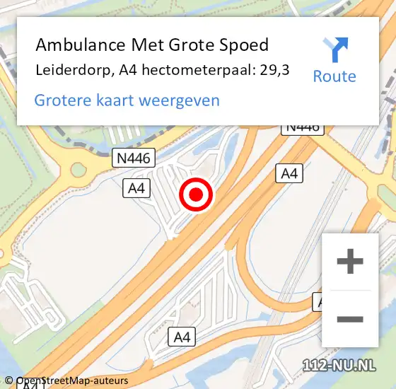 Locatie op kaart van de 112 melding: Ambulance Met Grote Spoed Naar Leiderdorp, A4 hectometerpaal: 29,3 op 17 april 2024 15:18