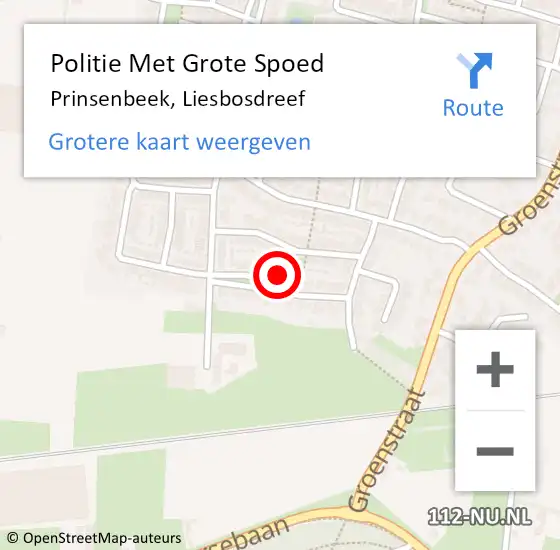 Locatie op kaart van de 112 melding: Politie Met Grote Spoed Naar Prinsenbeek, Liesbosdreef op 17 april 2024 15:33