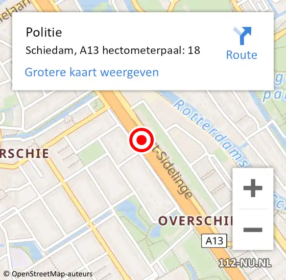 Locatie op kaart van de 112 melding: Politie Schiedam, A13 hectometerpaal: 18 op 17 april 2024 15:44