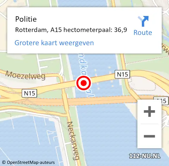 Locatie op kaart van de 112 melding: Politie Rotterdam, A15 hectometerpaal: 36,9 op 17 april 2024 16:20
