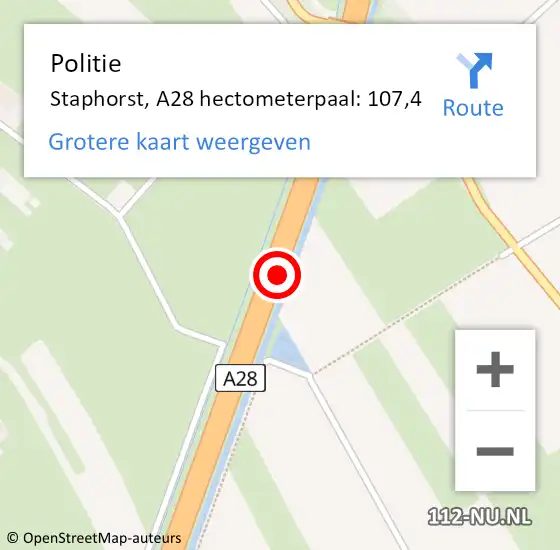 Locatie op kaart van de 112 melding: Politie Staphorst, A28 hectometerpaal: 107,4 op 17 april 2024 17:38