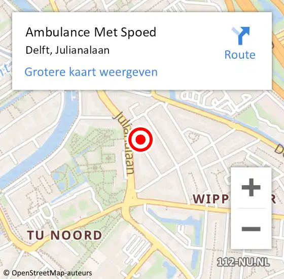 Locatie op kaart van de 112 melding: Ambulance Met Spoed Naar Delft, Julianalaan op 17 april 2024 18:23