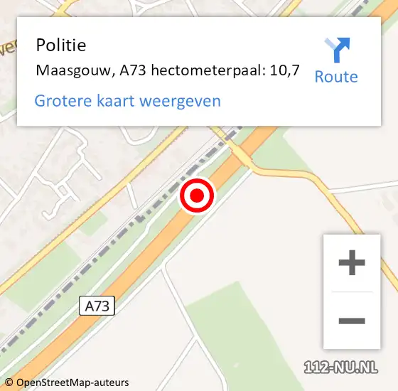 Locatie op kaart van de 112 melding: Politie Maasgouw, A73 hectometerpaal: 10,7 op 17 april 2024 18:32