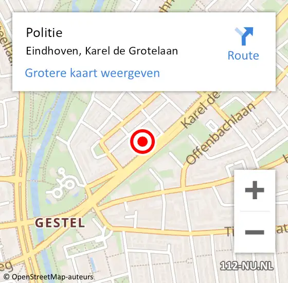 Locatie op kaart van de 112 melding: Politie Eindhoven, Karel de Grotelaan op 17 april 2024 21:11