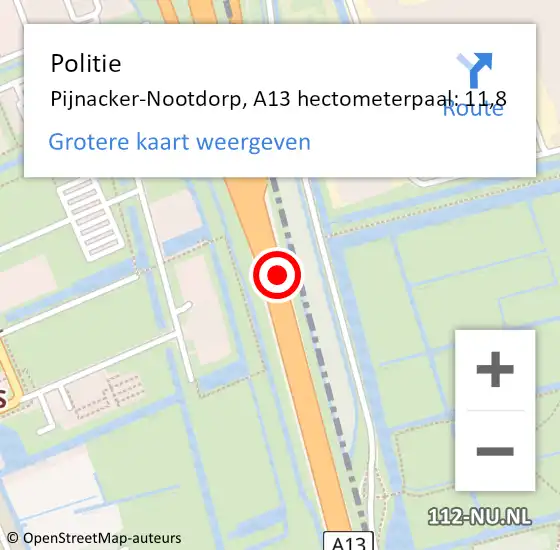 Locatie op kaart van de 112 melding: Politie Pijnacker-Nootdorp, A13 hectometerpaal: 11,8 op 17 april 2024 21:31