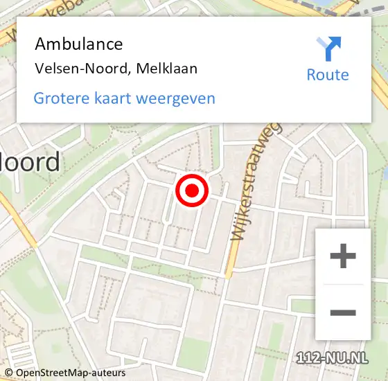 Locatie op kaart van de 112 melding: Ambulance Velsen-Noord, Melklaan op 17 april 2024 21:46