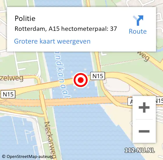Locatie op kaart van de 112 melding: Politie Rotterdam, A15 hectometerpaal: 37 op 17 april 2024 22:04