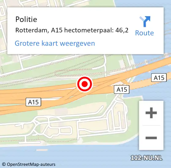 Locatie op kaart van de 112 melding: Politie Rotterdam, A15 hectometerpaal: 46,2 op 17 april 2024 22:10